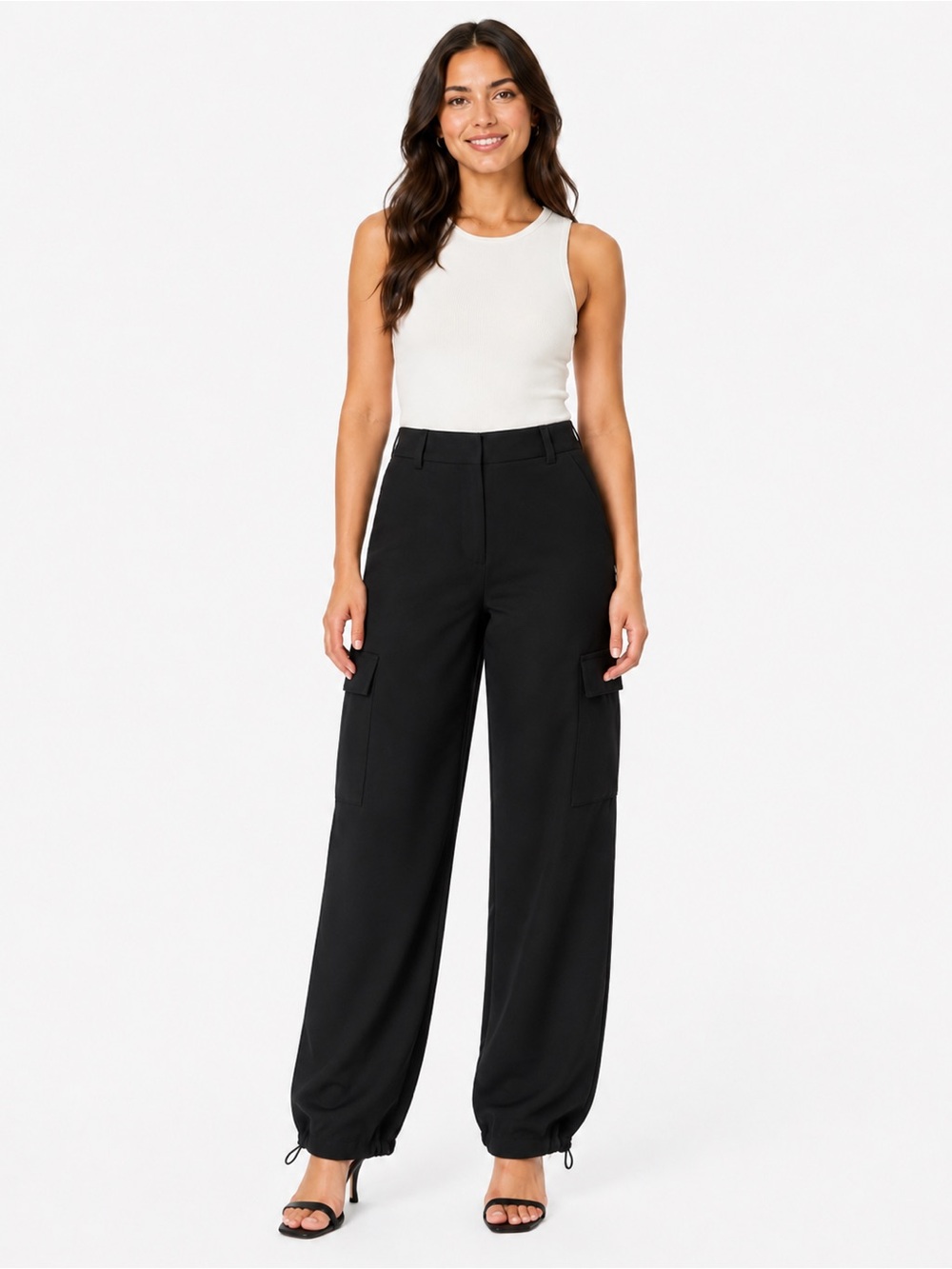 Express Black Satin Cargo Pants Adjustable Drawstring Hem Size 12 Polished cargo
